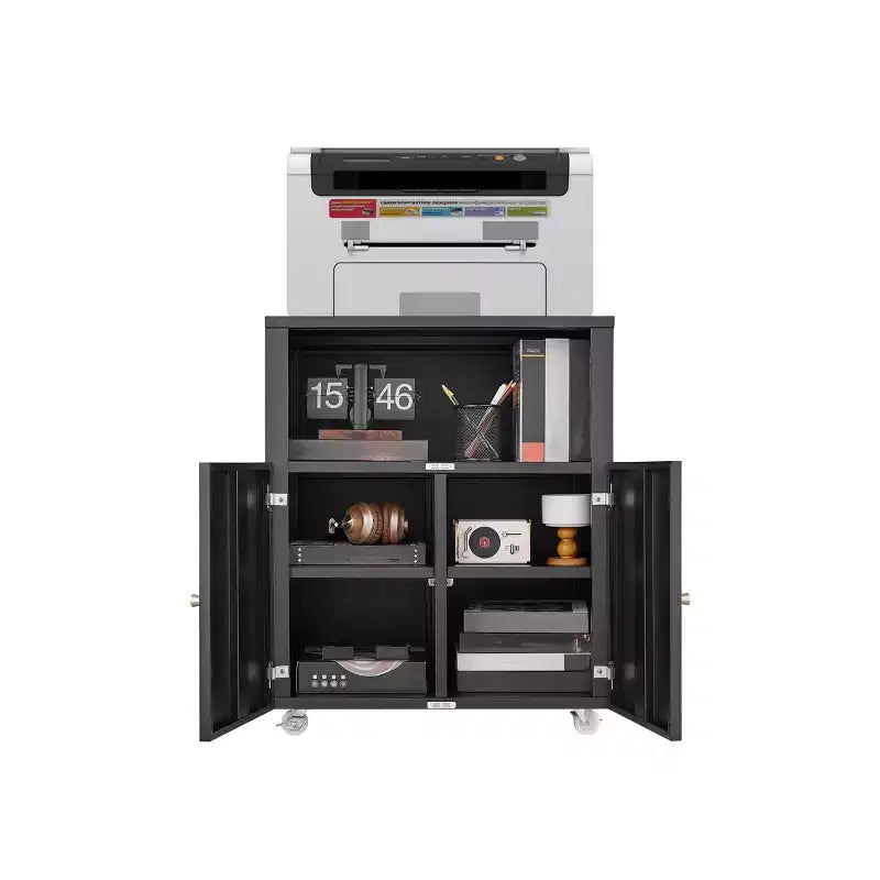 Black Metal Mobile File Cabinet &amp; Printer Stand C 2 Lockable Doors, Adjustable Compartment, 4-Slot Storage for Letter/Legal/A4