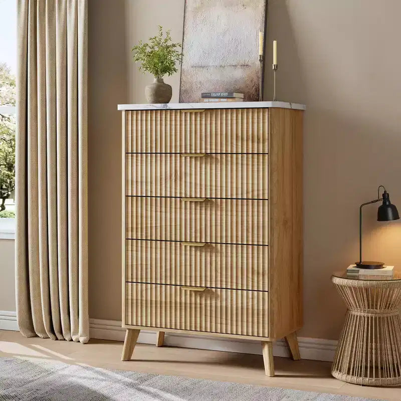 47.2 Tall Fluted 5-Drawer Dresser for Bedroom, Modern Wood Chest of Drawers with Faux Marble Top &amp; Curved Profile for Living Room &amp; Hallway