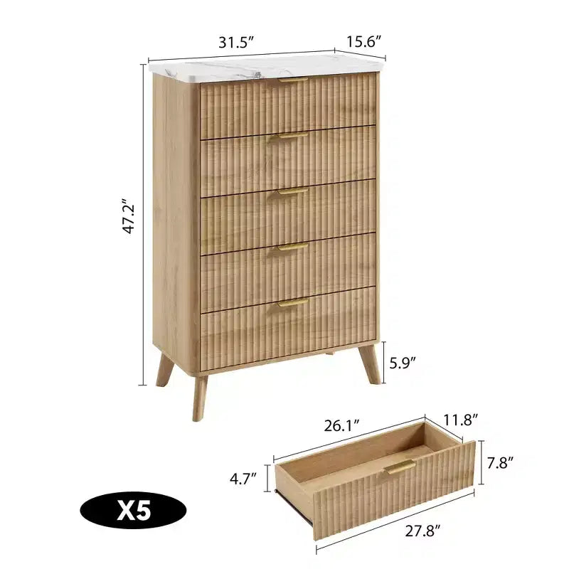 Commode moderne de 120 cm de haut à 5 tiroirs cannelés pour chambre à coucher
