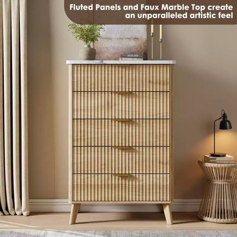 Commode moderne de 120 cm de haut à 5 tiroirs cannelés pour chambre à coucher
