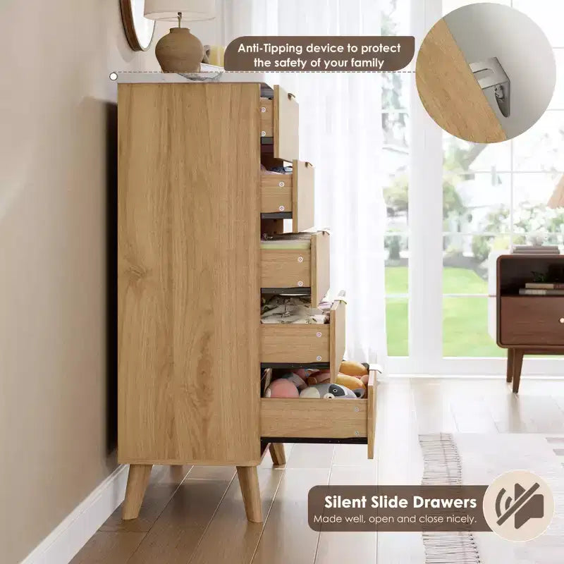 Commode moderne de 120 cm de haut à 5 tiroirs cannelés pour chambre à coucher