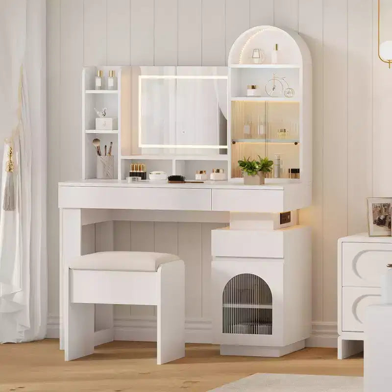 Vanity Desk with Mirror, LED Lights and Power Outlet Makeup Vanity Table with 3 Drawers and 11 Storage Shelves Dressing Table Set