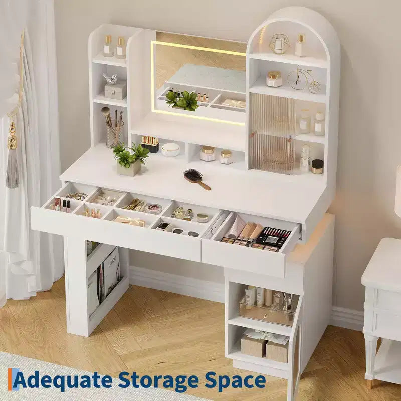 Coiffeuse avec miroir, lumières LED et prise de courant, meuble de maquillage avec 3 tiroirs