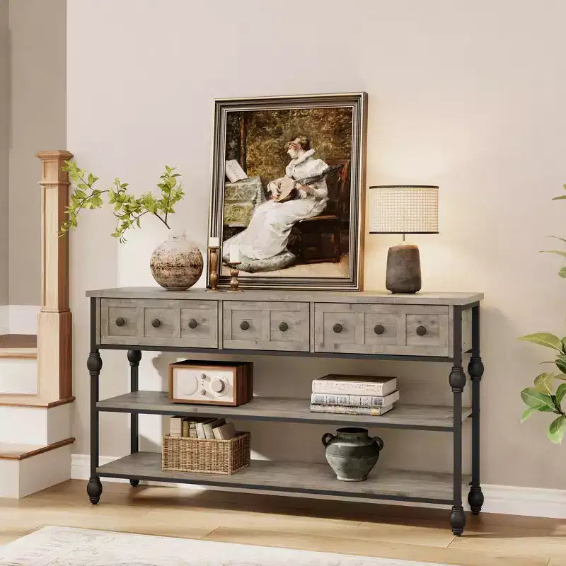 52.5 Inch Console Tables for Entryway with 3 Drawers, 3-Tier Industrial Metal Frame Sofa Table with Roman Column Legs for Hallway, Living Room, Foyer