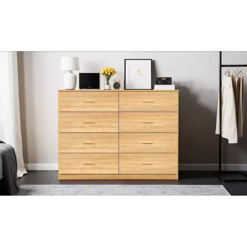 Commode Moderne Naturelle à 8 Tiroirs pour Chambre à Coucher avec Grand Espace de Rangement, Commode Large, Robuste et Sûre