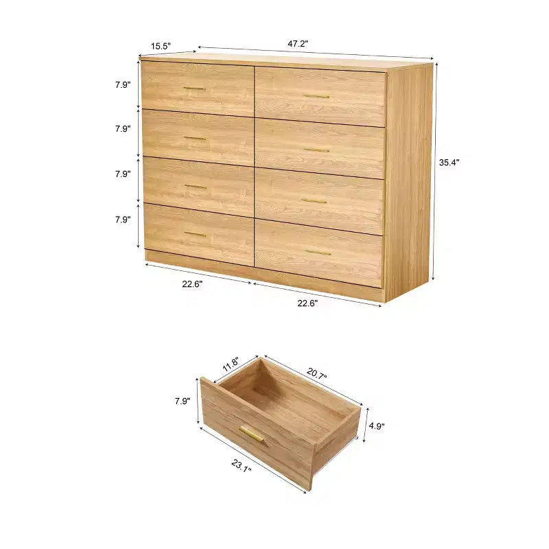 Commode Moderne Naturelle à 8 Tiroirs pour Chambre à Coucher avec Grand Espace de Rangement, Commode Large, Robuste et Sûre