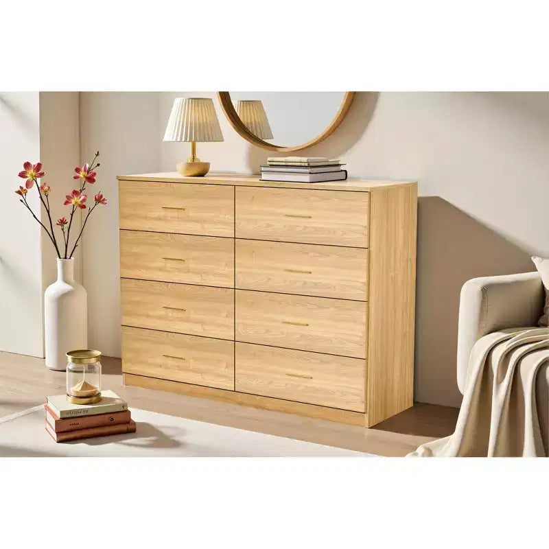 Commode Moderne Naturelle à 8 Tiroirs pour Chambre à Coucher avec Grand Espace de Rangement, Commode Large, Robuste et Sûre