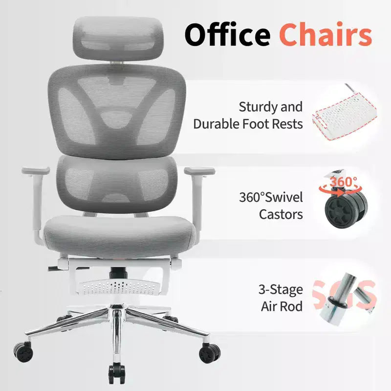 Fauteuil de bureau ergonomique, chaise de bureau pour ordinateur confortable avec appuie-tête rembourré réglable
