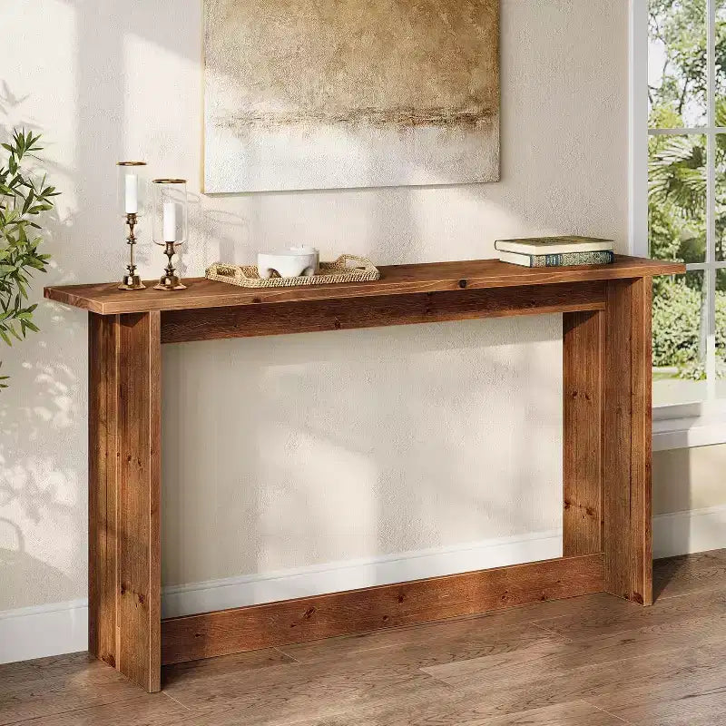 Longue console en bois massif, Table d'entrée de style ferme, Table basse derrière le canapé