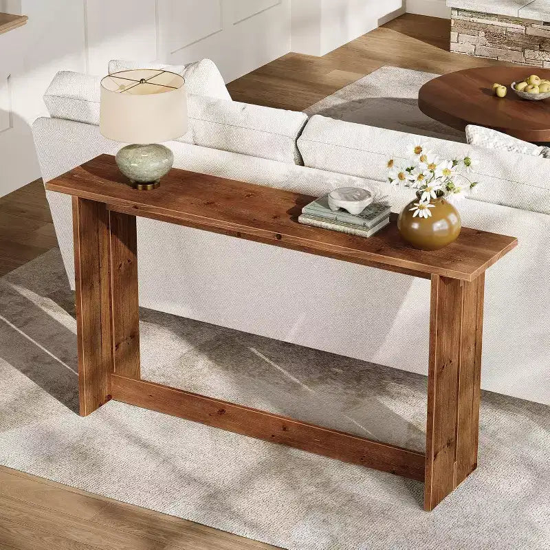 Longue console en bois massif, Table d'entrée de style ferme, Table basse derrière le canapé