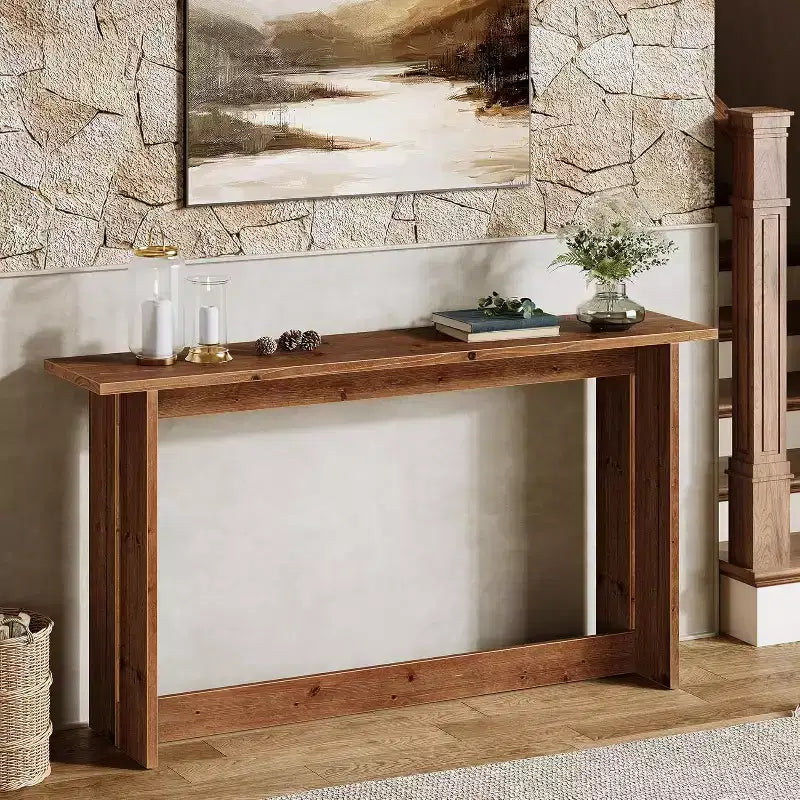 Longue console en bois massif, Table d'entrée de style ferme, Table basse derrière le canapé