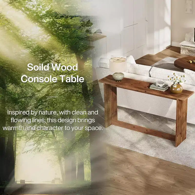 Longue console en bois massif, Table d'entrée de style ferme, Table basse derrière le canapé