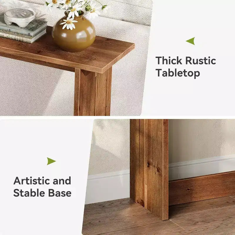 Longue console en bois massif, Table d'entrée de style ferme, Table basse derrière le canapé