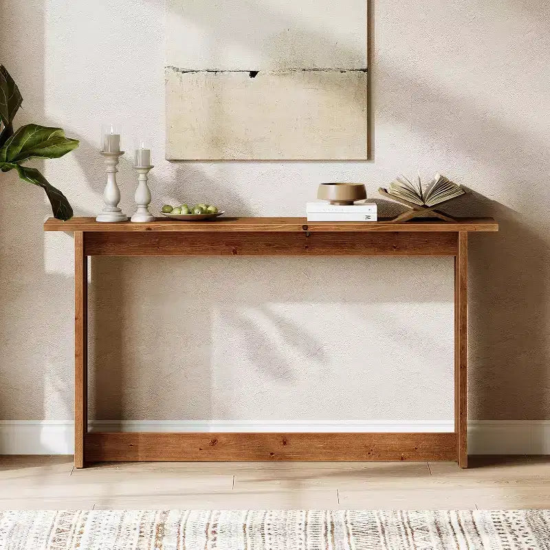 Longue console en bois massif, Table d'entrée de style ferme, Table basse derrière le canapé