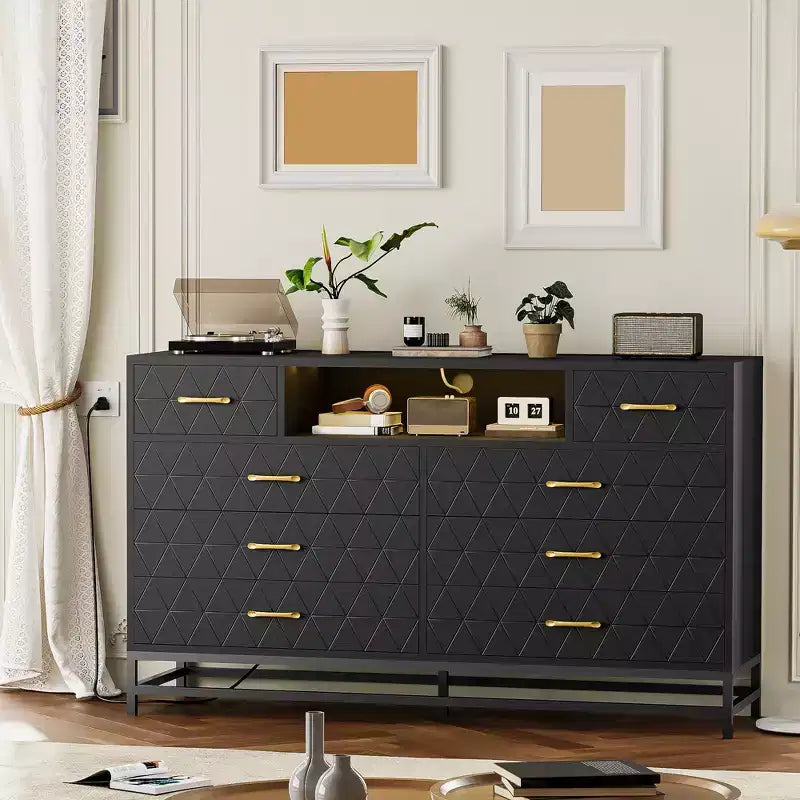 55 Inch 8 Drawer Wood Dresser TV Stand. Chest of Drawers with LED Lights &amp; Power Outlet. Storage Organizer for Bedroom. Living Room &amp; Closet