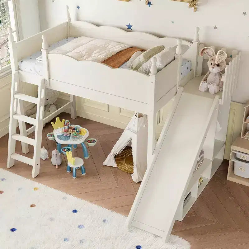 Bellemave Loft Bed with Storage Shelves and Wardrobe, Solid Wood Loft Bed Frame with Detachable Slide and Ladders for Kids