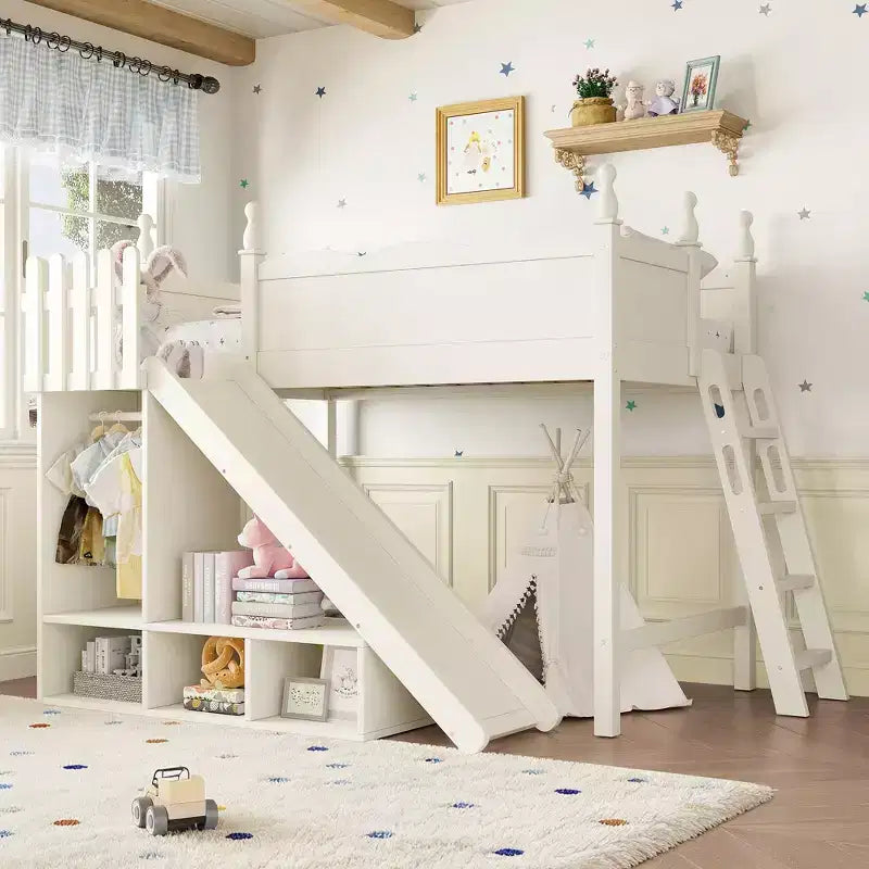 Lit mezzanine avec étagères de rangement et armoire, cadre de lit mezzanine en bois massif