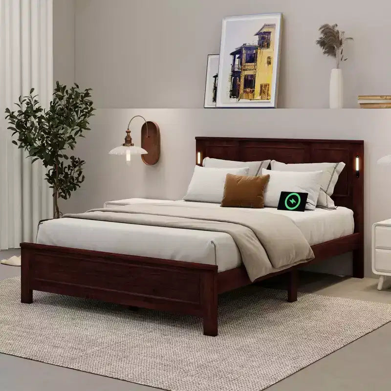 Cadre de lit de ferme avec tête de lit haute, lumières LED et station de charge USB