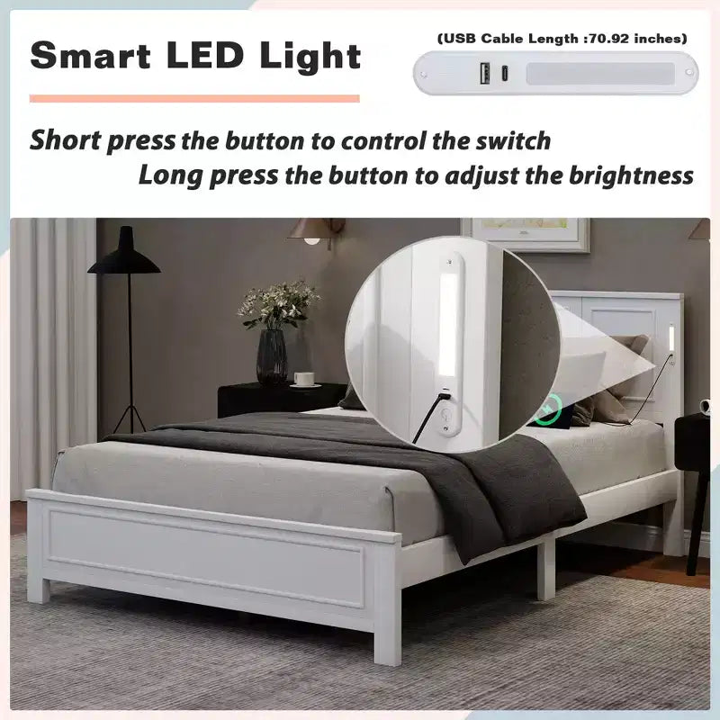 Cadre de lit de ferme avec tête de lit haute, lumières LED et station de charge USB