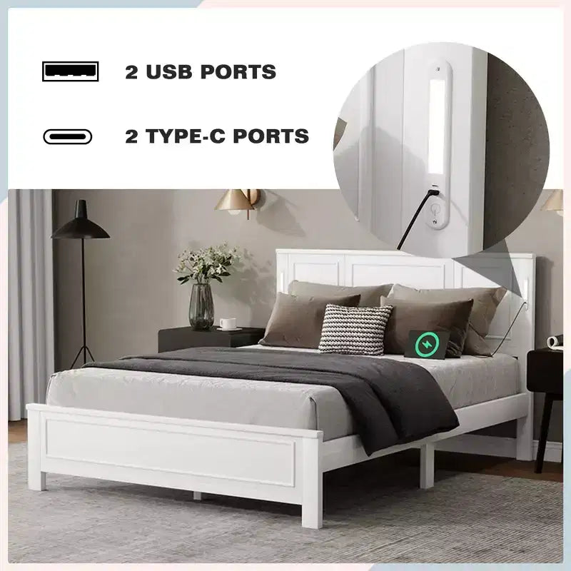 Cadre de lit de ferme avec tête de lit haute, lumières LED et station de charge USB