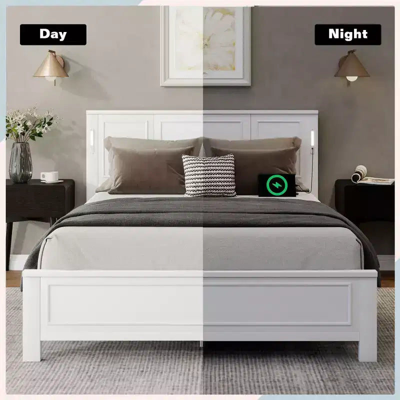 Cadre de lit de ferme avec tête de lit haute, lumières LED et station de charge USB