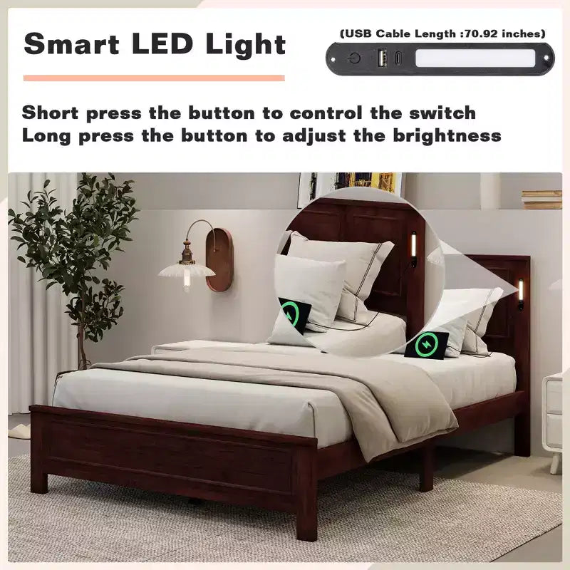 Cadre de lit de ferme avec tête de lit haute, lumières LED et station de charge USB