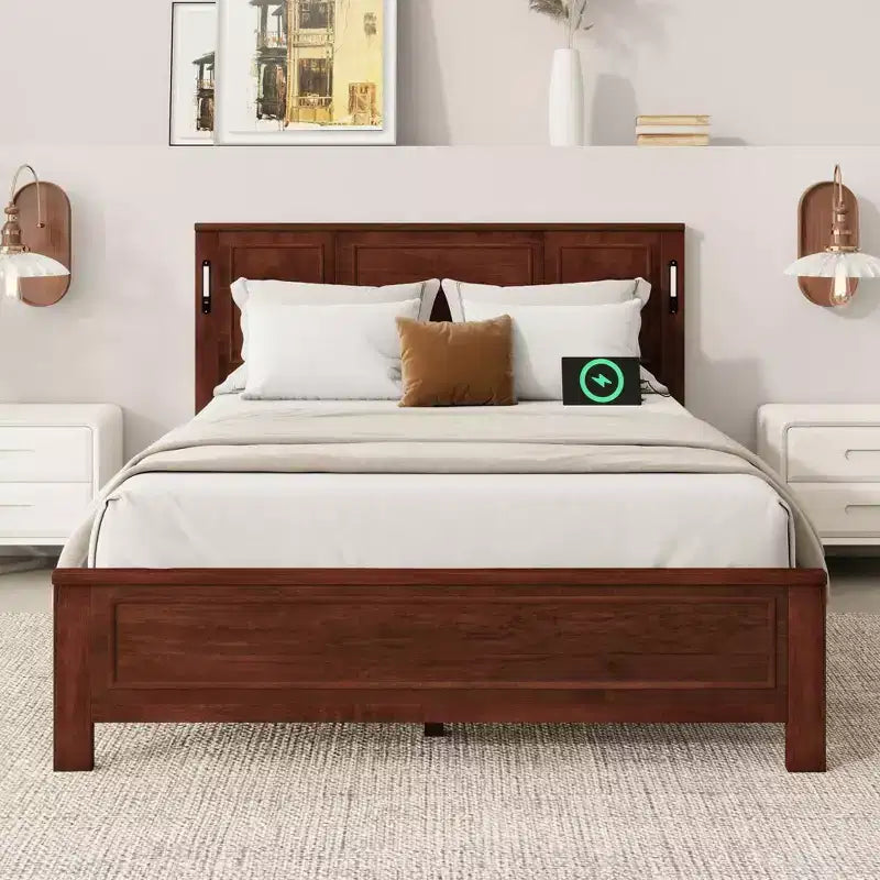Clihome Farmhouse Bed Frame with Tall Headboard, LED Lights &amp; USB Charging Station
