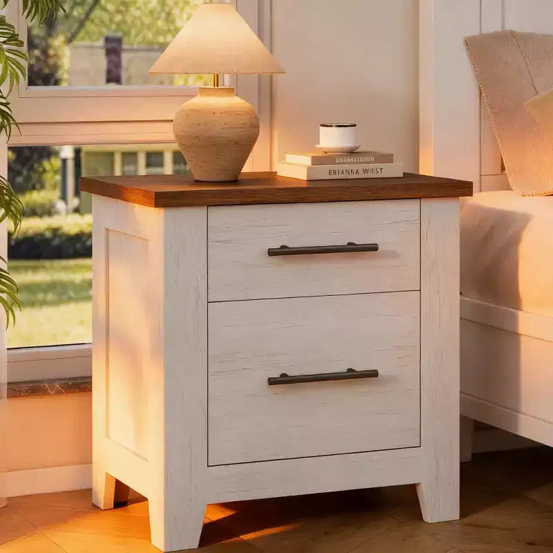 23 Inch Farmhouse Nightstand w/ 2 Drawers, Wooden Bedside Table End Table for Bedroom Living Room, 170 LBS Support, Space Saving