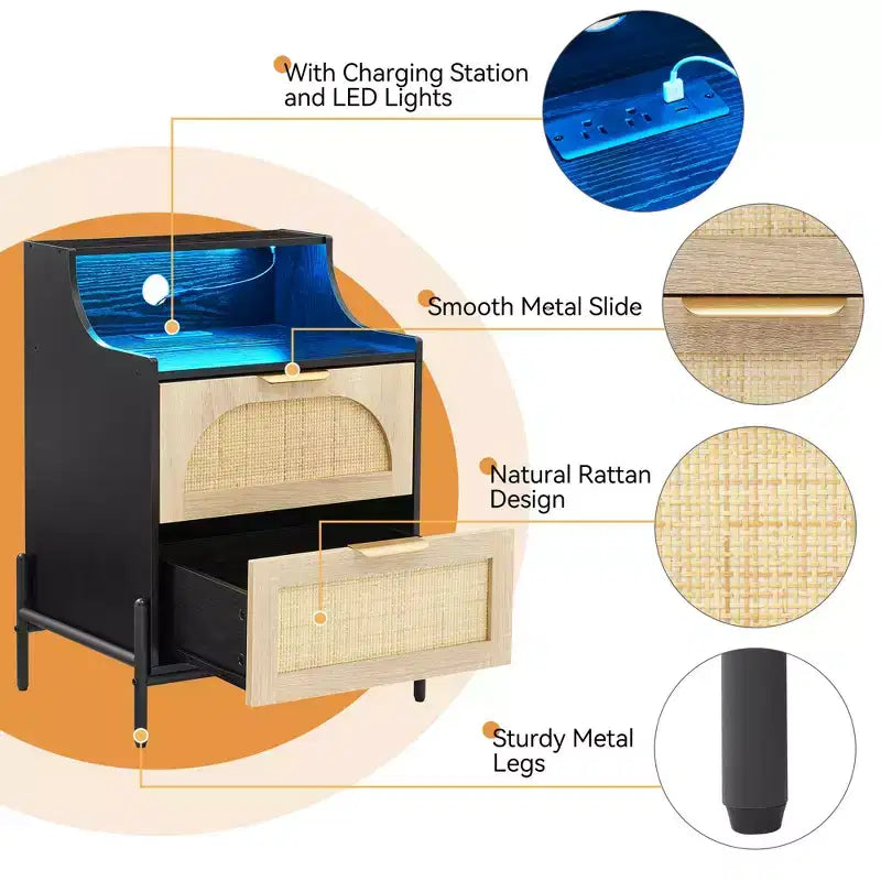 2 Pack Wooden Rattan Nightstand, Charging Station & LED Lights, USB Ports/Outlets, 3 Rattan Drawers, Black for Bedroom