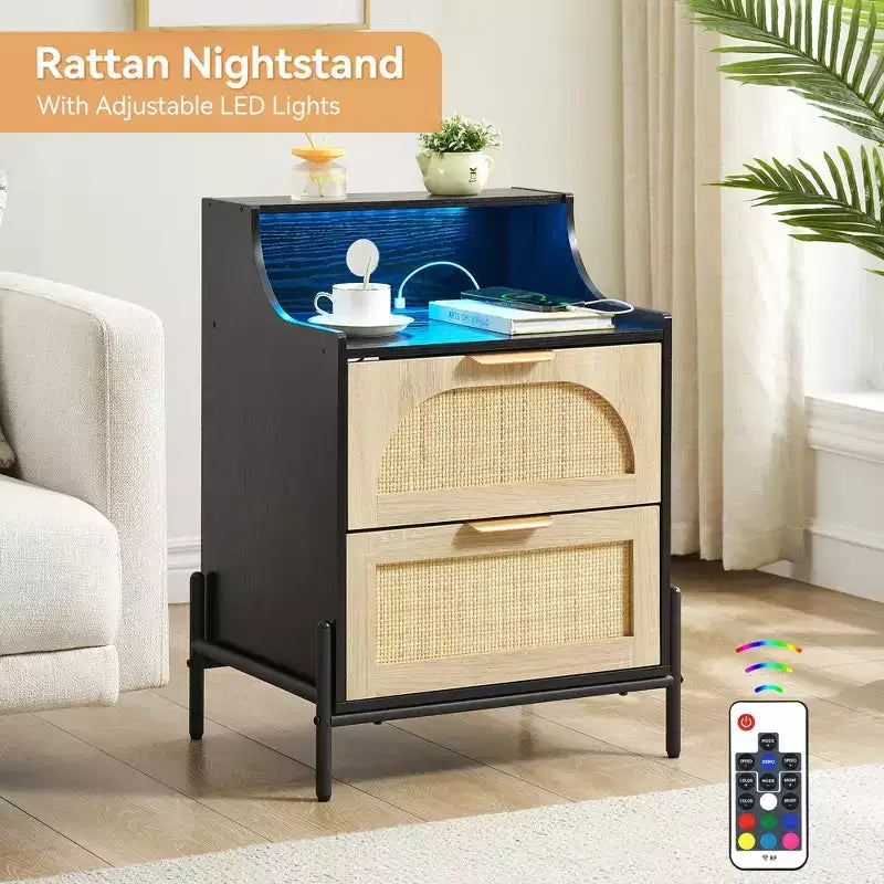 2 Pack Wooden Rattan Nightstand, Charging Station & LED Lights, USB Ports/Outlets, 3 Rattan Drawers, Black for Bedroom