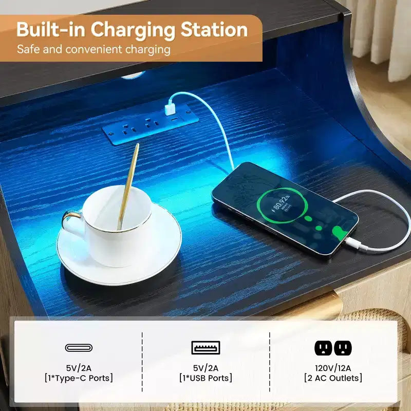 2 Pack Wooden Rattan Nightstand, Charging Station & LED Lights, USB Ports/Outlets, 3 Rattan Drawers, Black for Bedroom