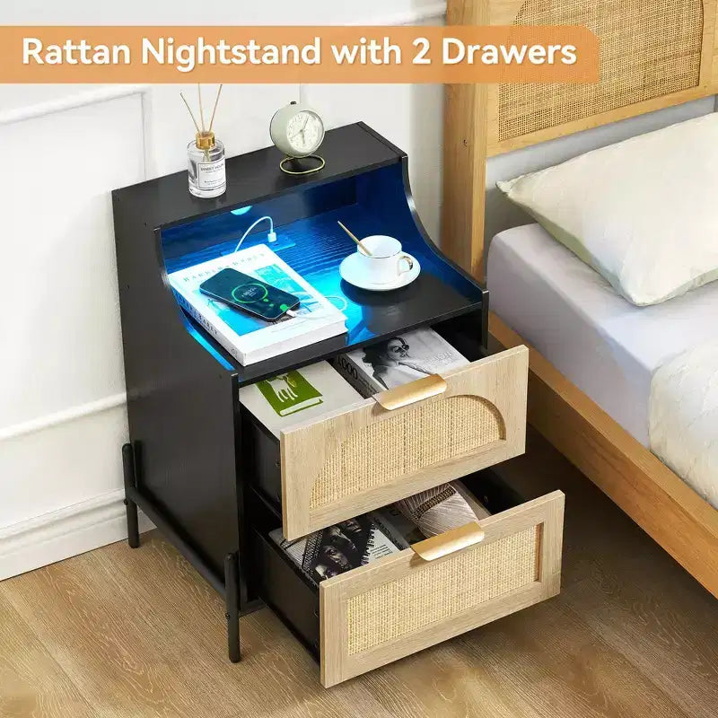 2 Pack Wooden Rattan Nightstand, Charging Station & LED Lights, USB Ports/Outlets, 3 Rattan Drawers, Black for Bedroom