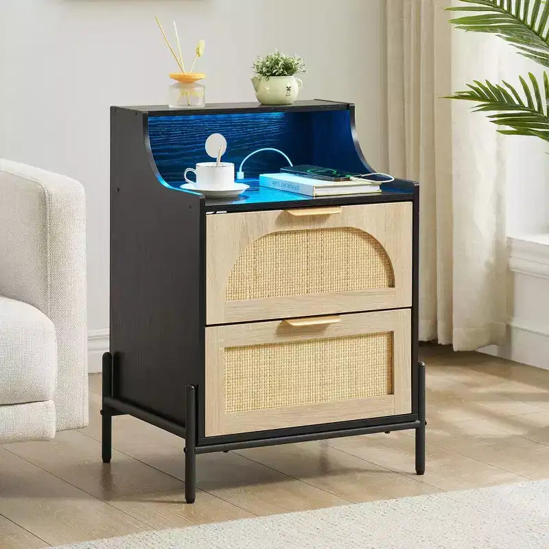 2 Pack Wooden Rattan Nightstand, Charging Station & LED Lights, USB Ports/Outlets, 3 Rattan Drawers, Black for Bedroom
