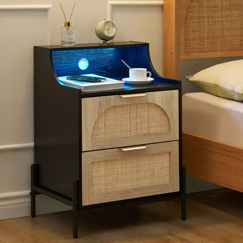 2 Pack Wooden Rattan Nightstand, Charging Station & LED Lights, USB Ports/Outlets, 3 Rattan Drawers, Black for Bedroom