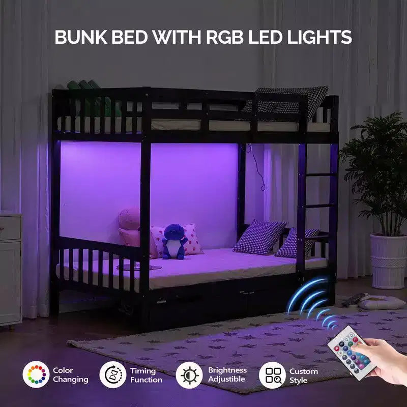 Karl Home Black Solid Wood Twin Bunk Bed with Charging Station,RGB LED,2 Drawers,Safety Guardrail and Ladders,Convertible to 2 Separated Beds