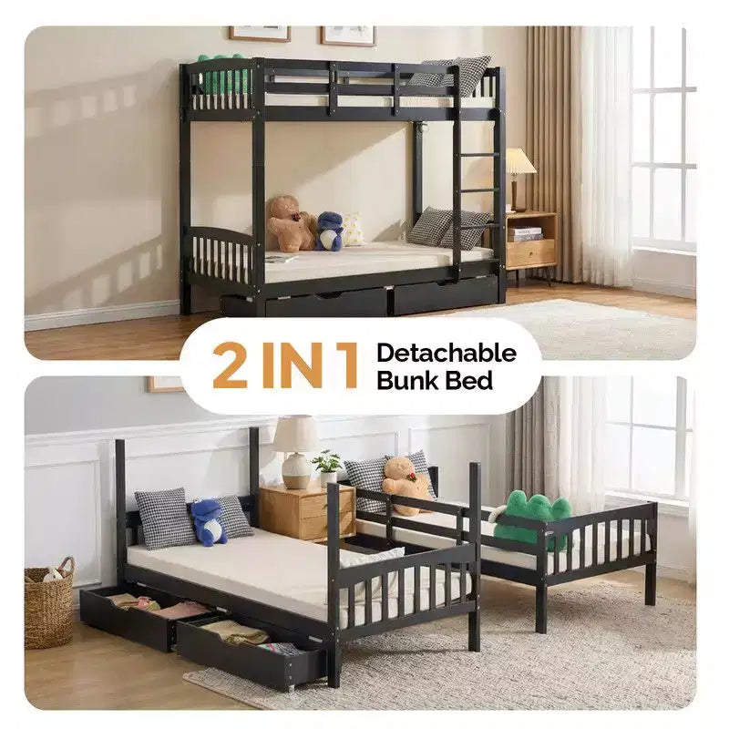 Karl Home Black Solid Wood Twin Bunk Bed with Charging Station,RGB LED,2 Drawers,Safety Guardrail and Ladders,Convertible to 2 Separated Beds