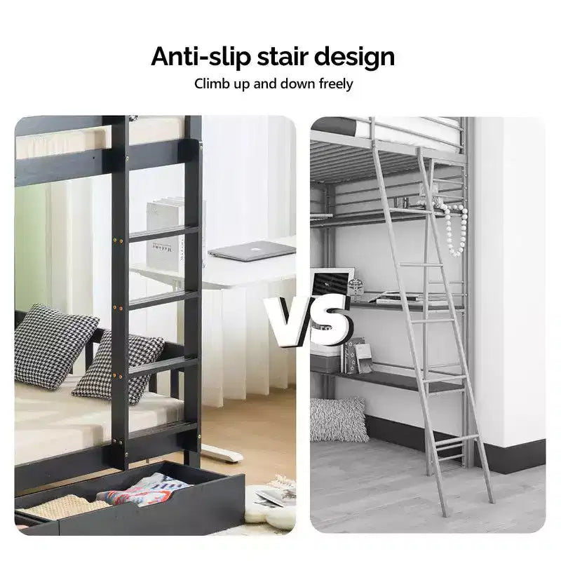 Karl Home Black Solid Wood Twin Bunk Bed with Charging Station,RGB LED,2 Drawers,Safety Guardrail and Ladders,Convertible to 2 Separated Beds