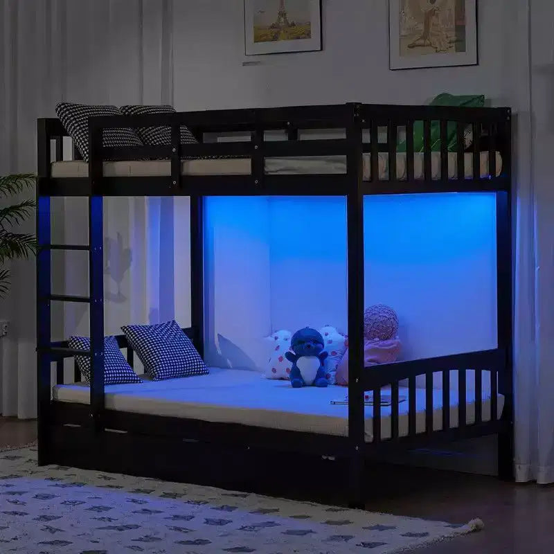 Karl Home Black Solid Wood Twin Bunk Bed with Charging Station,RGB LED,2 Drawers,Safety Guardrail and Ladders,Convertible to 2 Separated Beds