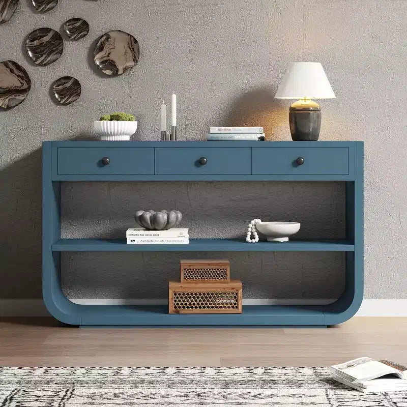 ModernLuxe Curved Console Table Entryway Table Sofa Side Table Display Stand Accent Table with 3 Soft-Close Drawers &amp; 2 Open Shelves