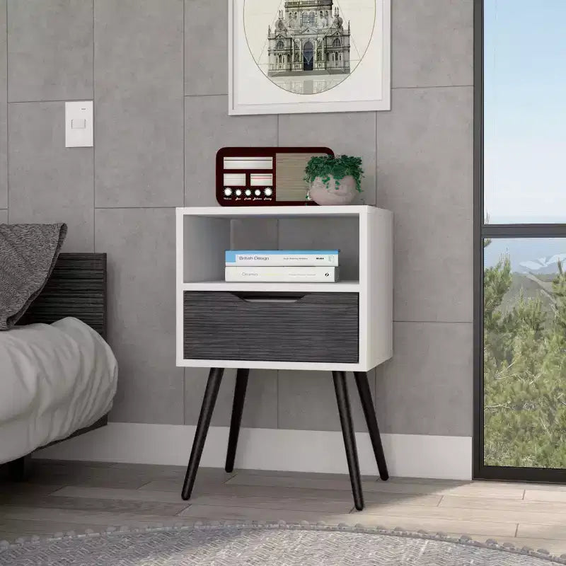 Designed for everyday convenience, this Otom Nightstand , Superior Top, One Open Shelf, One Drawer, Four Legs -Smokey Oak / White offers a.