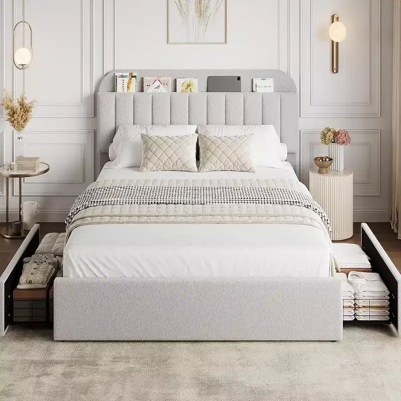 Full Size Platform Bed Frame with Storage Headboard, Bookcase &amp; 2 Drawers, Boucle Upholstered, No Box Spring Needed, Easy Assembly, Light Gray
