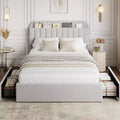 Full Size Platform Bed Frame with Storage Headboard, Bookcase &amp; 2 Drawers, Boucle Upholstered, No Box Spring Needed, Easy Assembly, Light Gray
