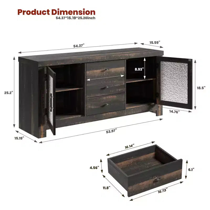 Buffet avec 2 portes vitrées et 3 tiroirs pour salon
