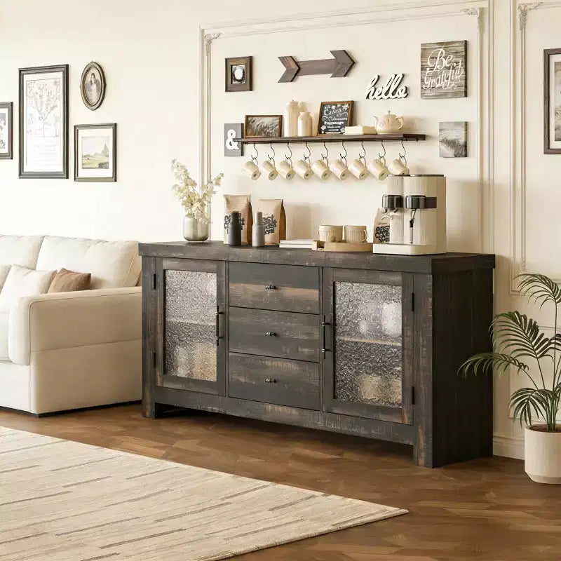 54.4 Buffet Sideboard with 2 Glass Doors &amp; 3 Drawers for Living Room, Kitchen, Dining Room