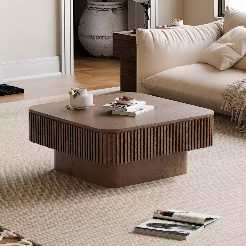 Square Coffee Table with Storage, Modern Wood Center Table for Living Room, Walnut