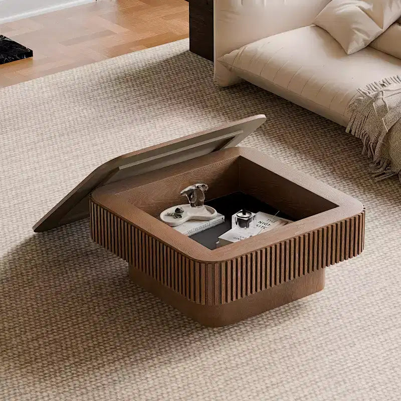 Square Coffee Table with Storage, Modern Wood Center Table for Living Room, Walnut