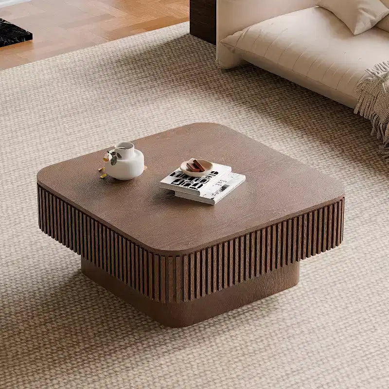 Square Coffee Table with Storage, Modern Wood Center Table for Living Room, Walnut