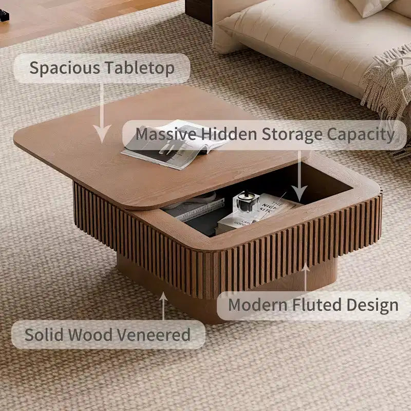 Square Coffee Table with Storage, Modern Wood Center Table for Living Room, Walnut