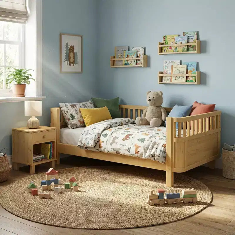 JVNOXK Full Size Wood Platform Bed for Kids, Low Profile Natural Wooden Bed with Safety Rails for Boys & Girls