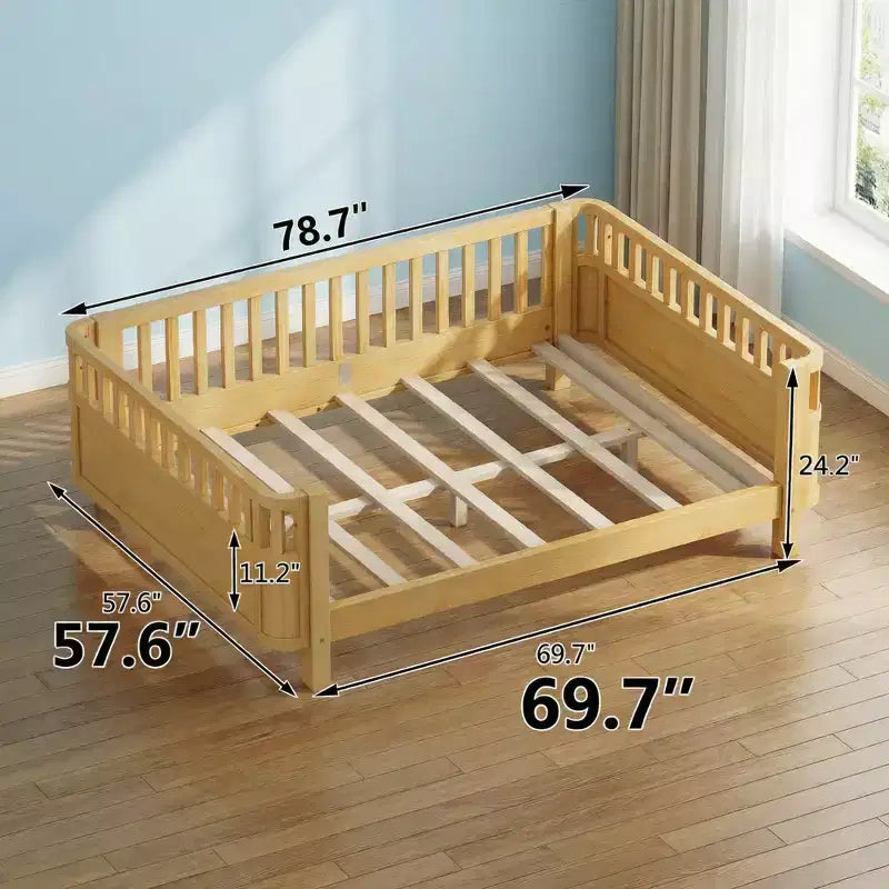 JVNOXK Full Size Wood Platform Bed for Kids, Low Profile Natural Wooden Bed with Safety Rails for Boys & Girls
